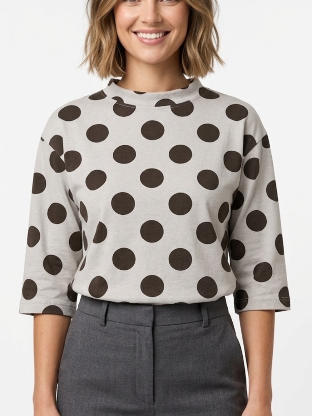 MISSLOOK Polka Dot Top Shirt 3/4 Length Sleeves Raw Hem Seams Cream Brown Small